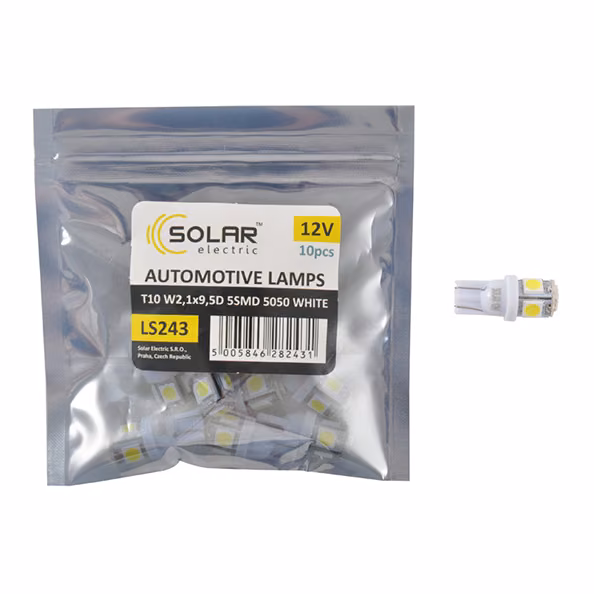 LED автолампа SOLAR 12V T10 W2.1x9.5d 5smd 5050 white 10шт LS243_P