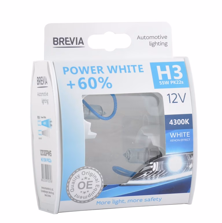 Галогенова лампа Brevia H3 12V 55W PK22s Power White +60% 4300K S2 12030PWS