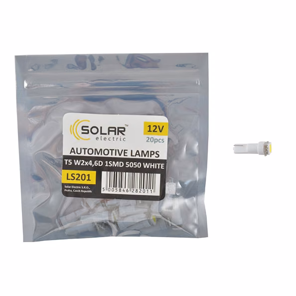 LED автолампа SOLAR 12V T5 W2x4.6d 1smd 5050 white 20шт LS201_P