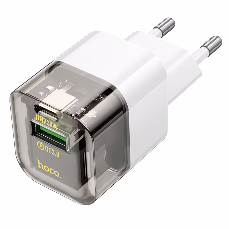 Мережевий зарядний пристрій Hoco C131A Platinum dual-port PD30W+QC3.0 charger(EU), transparent black