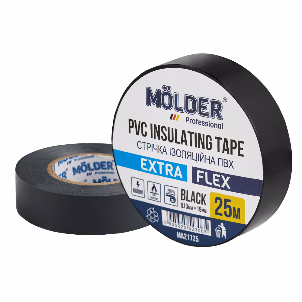 Стрічка ізоляційна ПВХ Molder 0,13x19мм 25м чорна, професійна, вогнетривка MA21725 MA21725