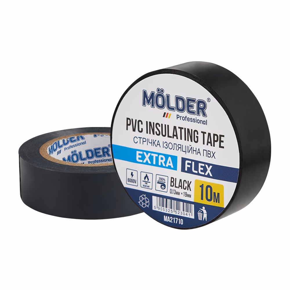 Стрічка ізоляційна ПВХ Molder 0,13x19мм 10м чорна, професійна, вогнетривка MA21710 MA21710