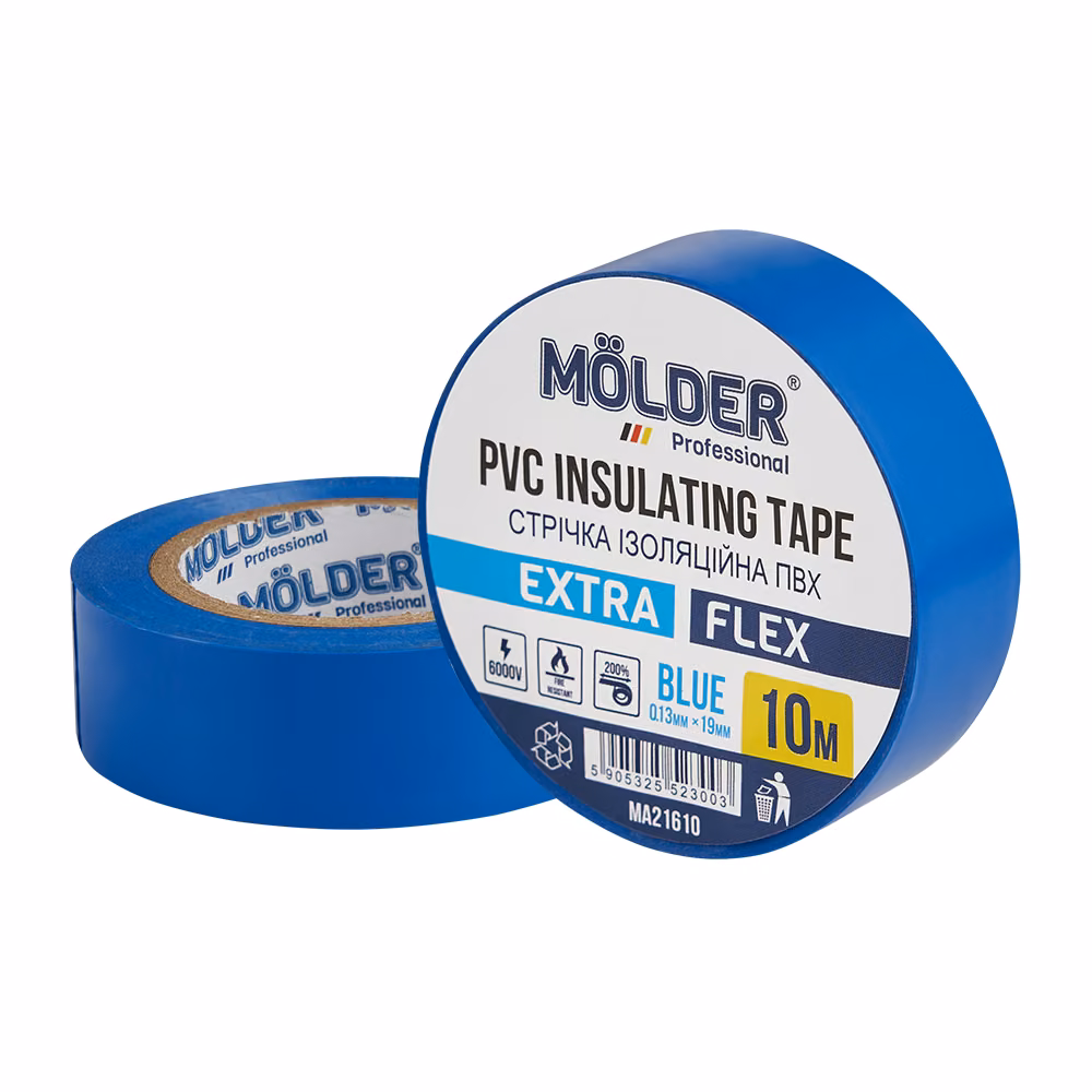 Стрічка ізоляційна ПВХ Molder 0,13x19мм 10м синя, професійна, вогнетривка MA21610 MA21610