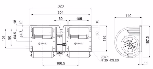 Подвійний вентилятор 12V, 011-A40-22 30004504