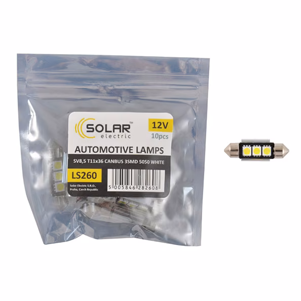 LED автолампа SOLAR 12V SV8.5 T11x36mm Canbus 5050 3SMD, white 10шт LS260_P