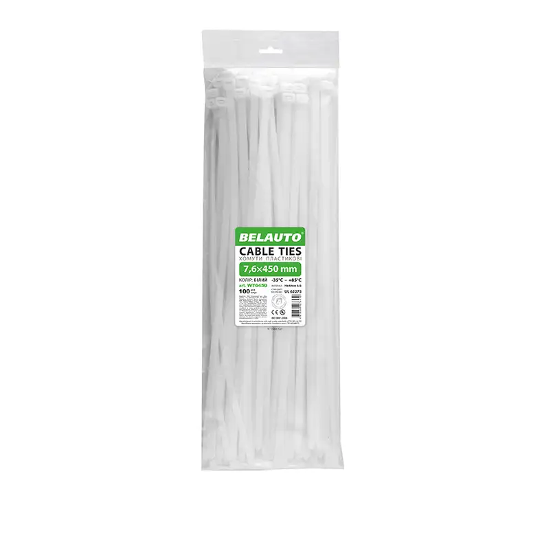 Хомути пластикові BELAUTO 7.6x450мм, 100 шт., білі W76450