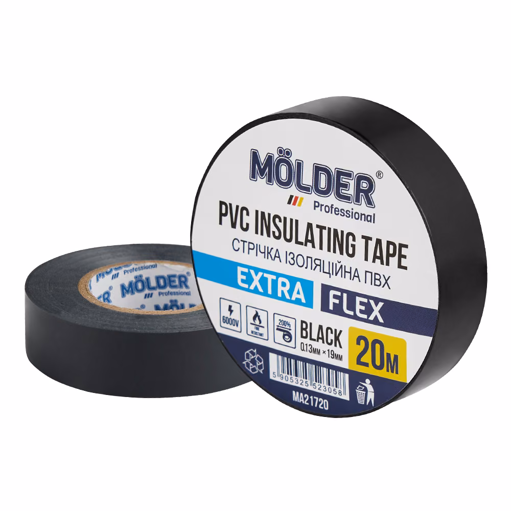 Стрічка ізоляційна ПВХ Molder 0,13x19мм 20м чорна, професійна, вогнетривка MA21720 MA21720
