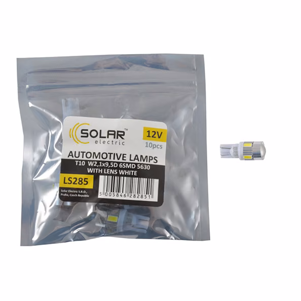 LED автолампа SOLAR 12V T10 W2.1x9.5d 6SMD 5630 with lens white 10шт LS285_P