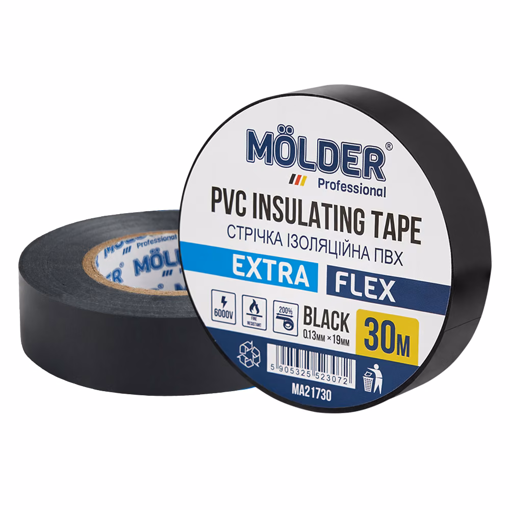 Стрічка ізоляційна ПВХ Molder 0,13x19мм 30м чорна, професійна, вогнетривка MA21730 MA21730