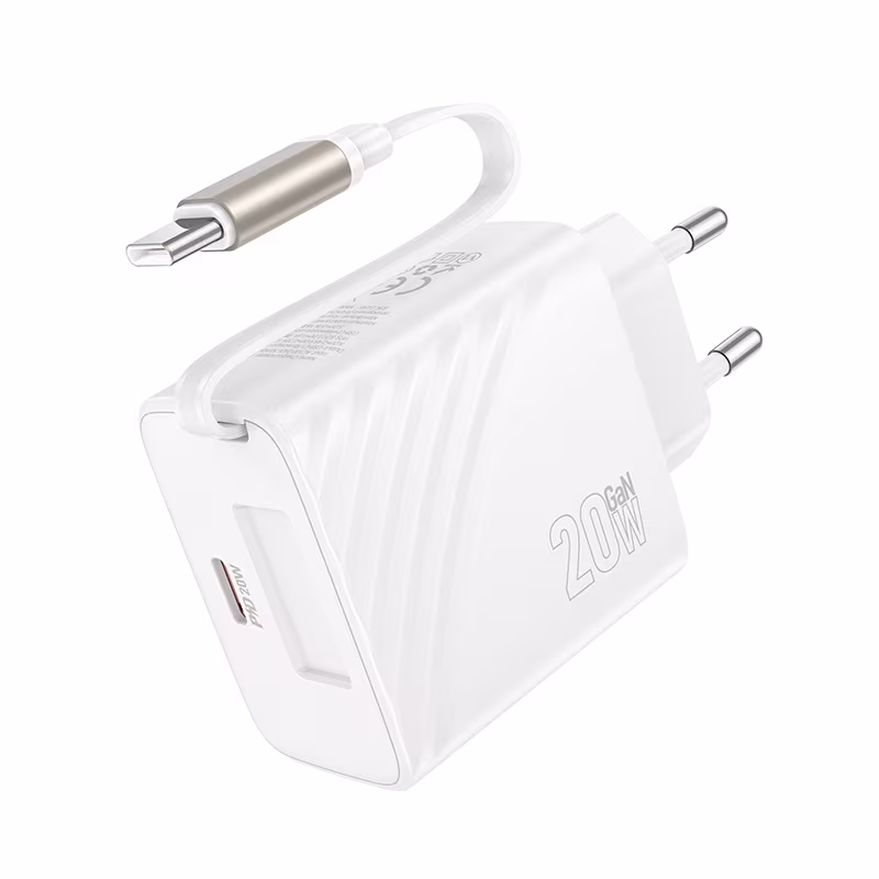 Мережевий зарядний пристрій Hoco N57 Full PD20W(2C) charger with retractable cable(EU) білий HC-N57-White