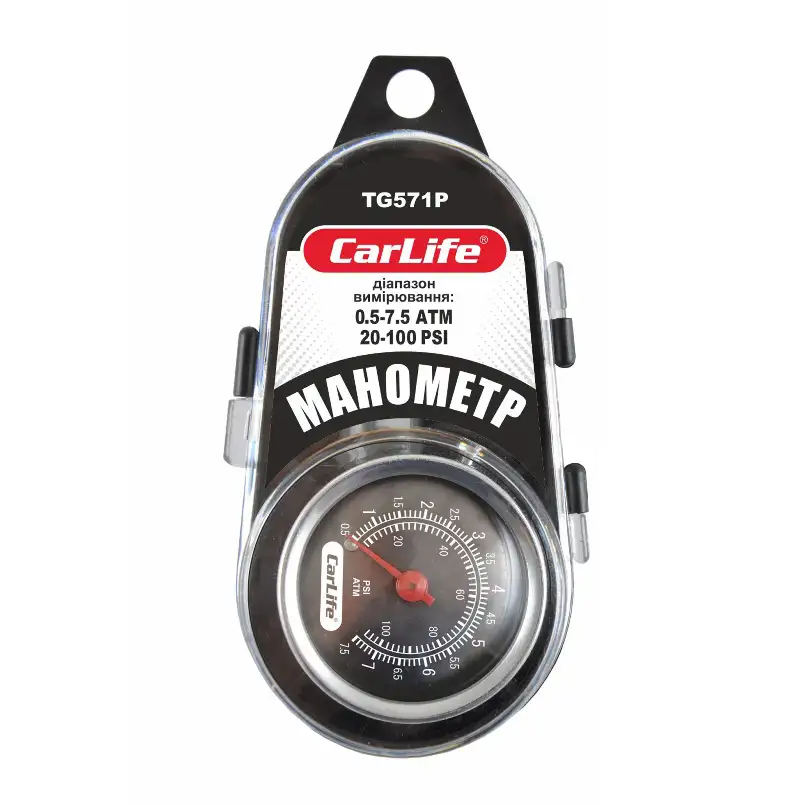 Манометр автомобільний CarLife 7,5 Атм, (пласт. кейс), металевий TG571/P