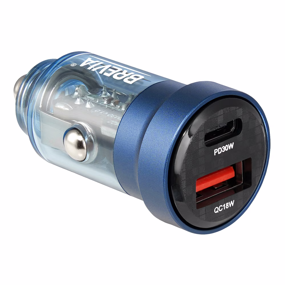 Автомобільний зарядний пристрій Brevia ePower DualCharge 30W 1xUSB-C+1xUSB-A, прозорий синій 46530CABL 46530CABL