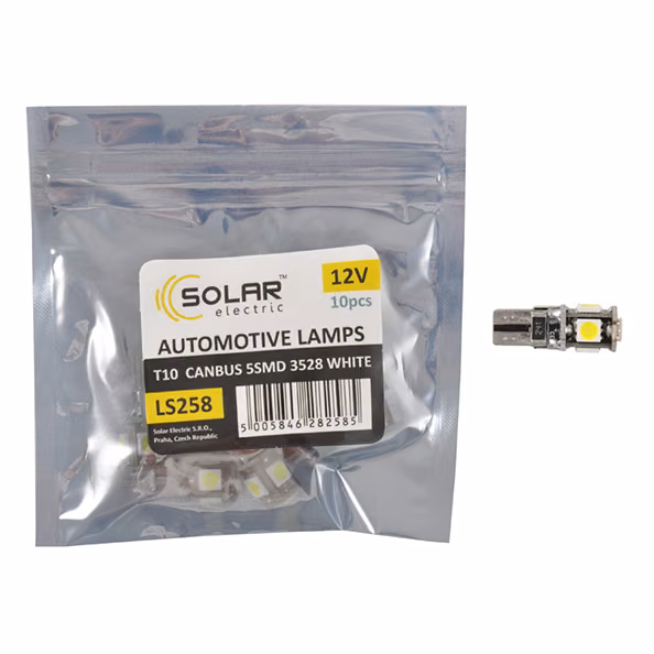 LED автолампа SOLAR 12V T10 W2.1x9.5d Canbus 5SMD 5050, white 10шт LS258_P