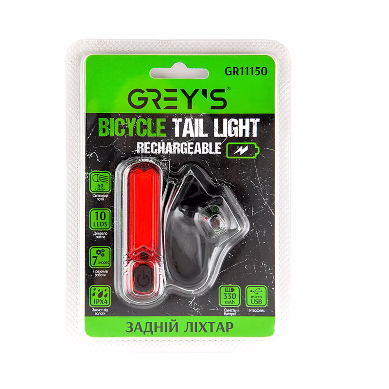Ліхтарик на велосипед задній Grey's GR11150 10xLEDs IPX4, microUSB GR11150