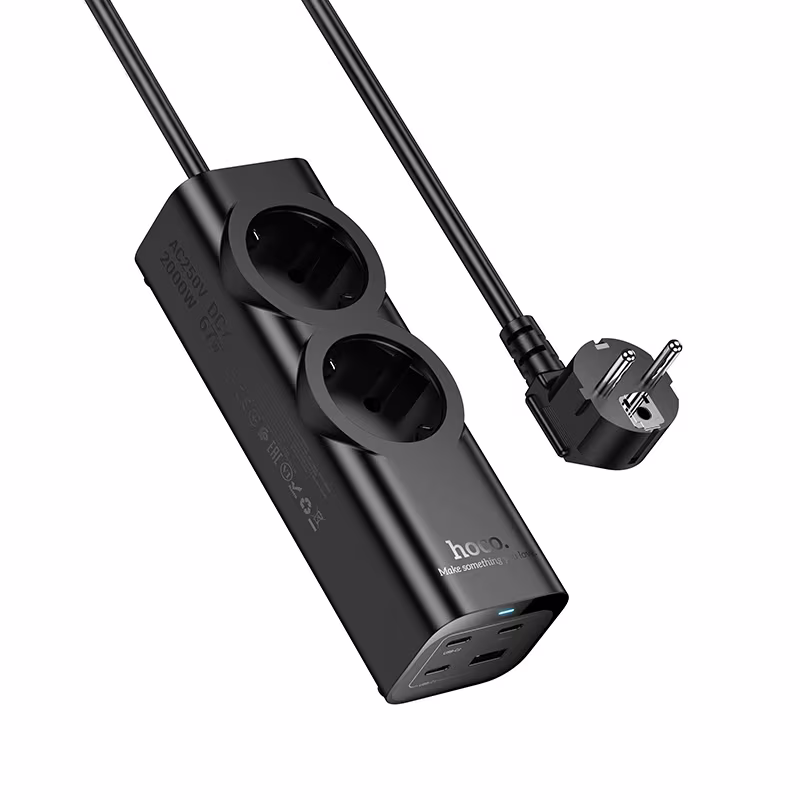 Мережевий фільтр Hoco NS10 Wisdom 2-position(PD67W/3C1A) desktop socket(EU/GER) чорний HC-NS10-Black