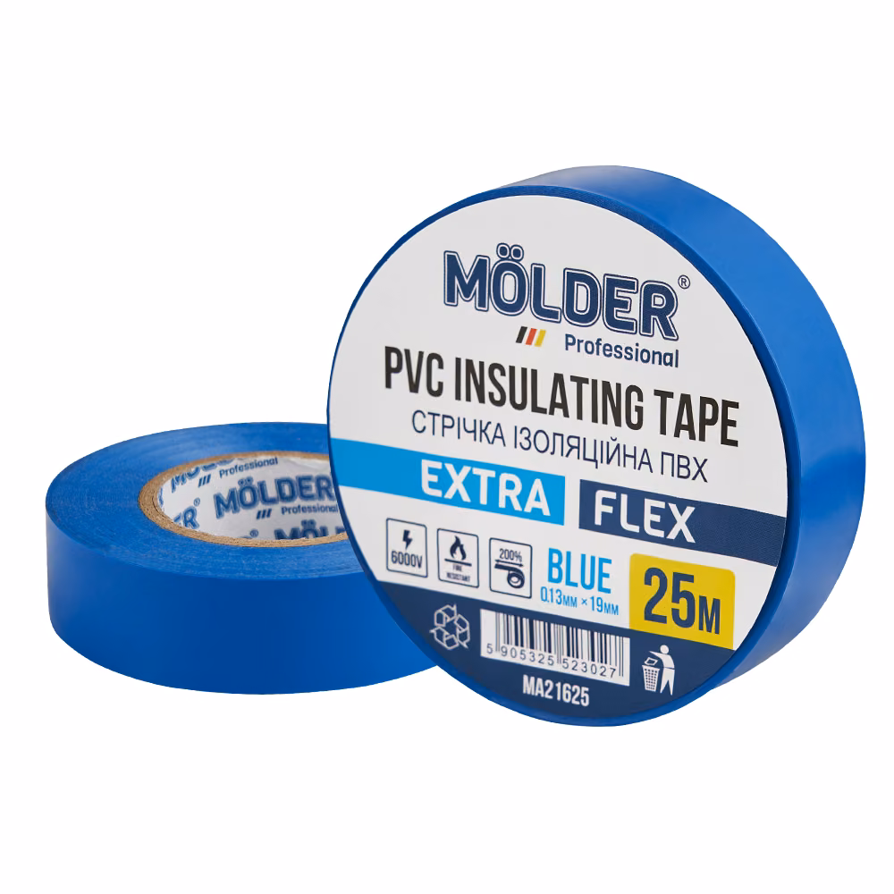 Стрічка ізоляційна ПВХ Molder 0,13x19мм 25м синя, професійна, вогнетривка MA21625 MA21625