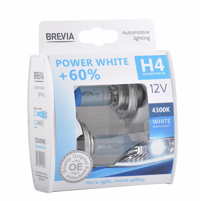 Галогенова лампа Brevia H4 12V 60/55W P43t Power White +60% 4300K S2 12040PWS