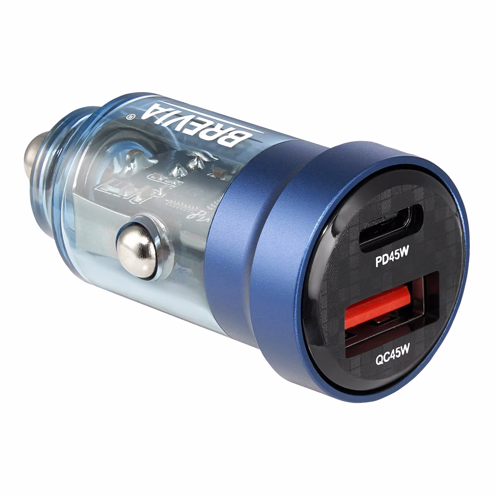 Автомобільний зарядний пристрій Brevia ePower DualCharge 45W 1xUSB-C+1xUSB-A, прозорий синій 46545CABL 46545CABL