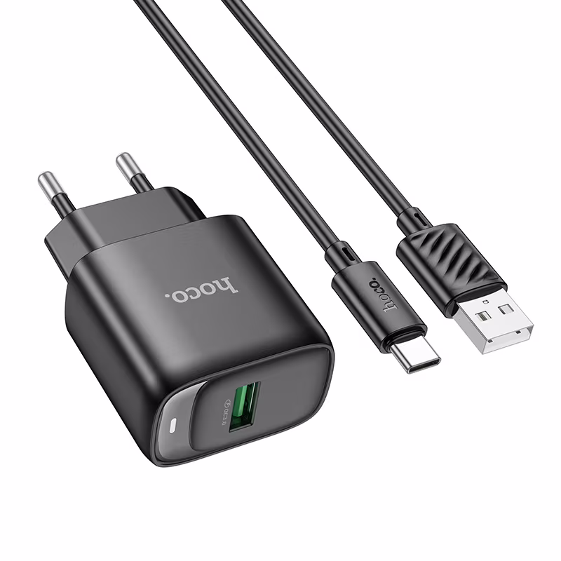 Мережевий зарядний пристрій Hoco C140A Smart single port QC3.0 charger set(Type-C)(EU) чорний
