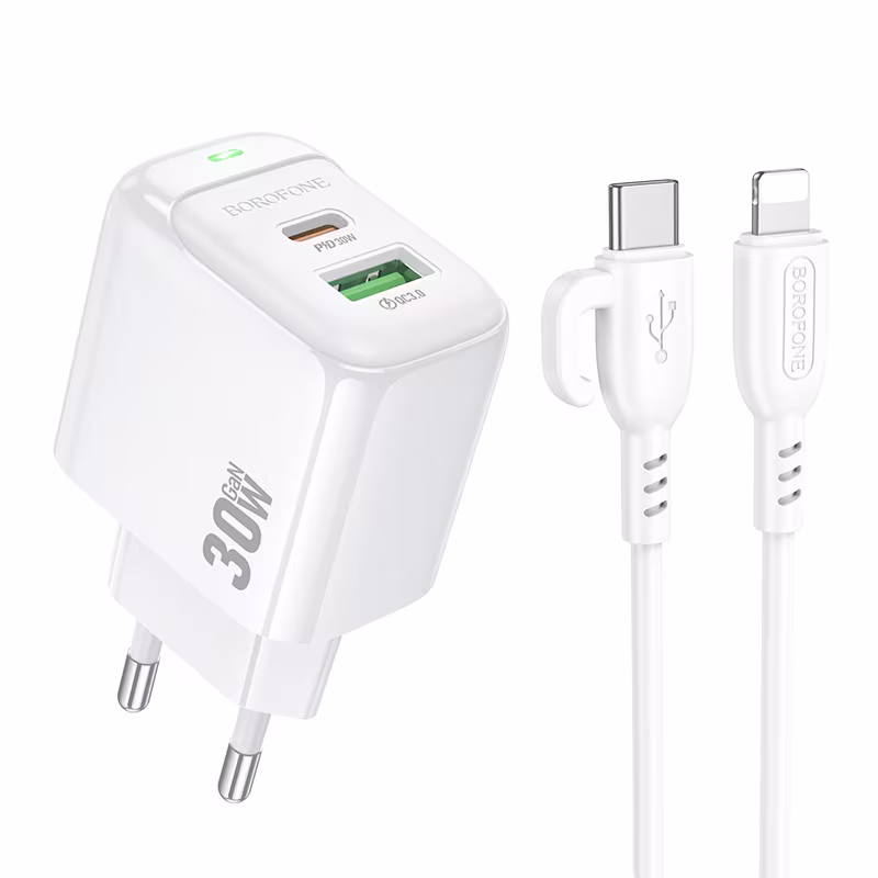 Мережевий зарядний пристрій Borofone BAS45A Potential PD30W+QC3.0 charger set (C to iP) (EU) білий BF-BAS45A-L-White