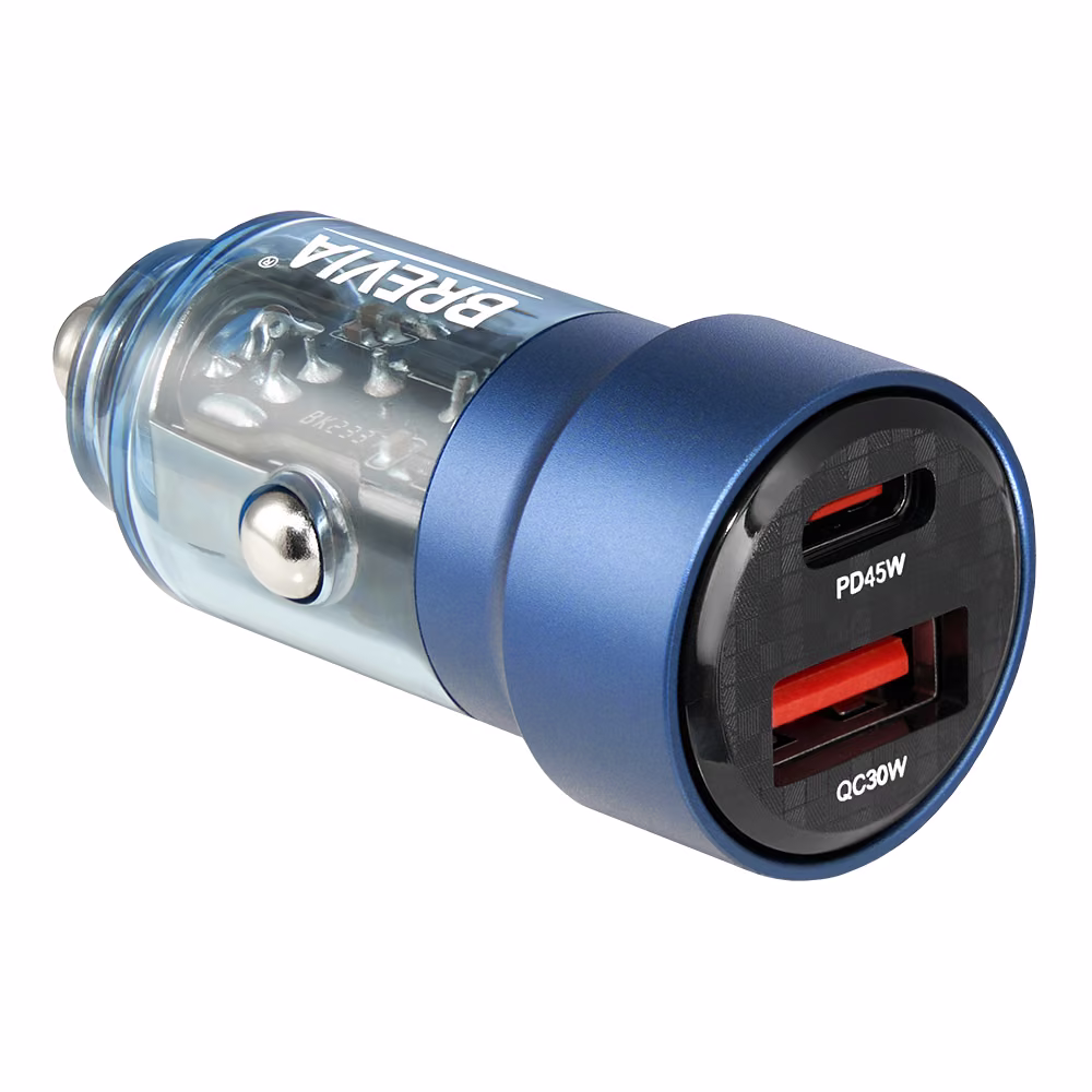 Автомобільний зарядний пристрій Brevia ePower DualCharge 75W 1xUSB-C+1xUSB-A, прозорий синій 46575CABL 46575CABL