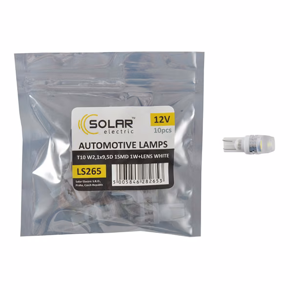 LED автолампа SOLAR 12V T10 W2.1x9.5d SMD 1W+Lens, white 10шт LS265_P