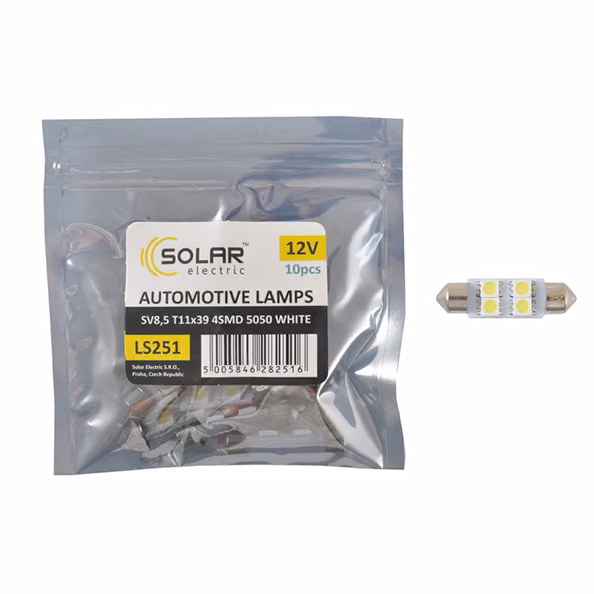 LED автолампа SOLAR 12V SV8.5 T11x39 4smd 5050 white 10шт LS251_P