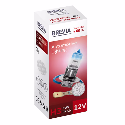 Галогенова лампа Brevia H3 12V 55W PK22s Power Ultra +60% CP 12030PUC