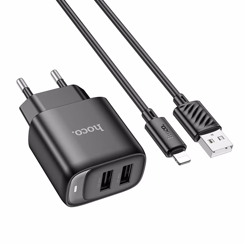 Мережевий зарядний пристрій Hoco C141A Smart dual-port charger set(iP)(EU) чорний HC-C141A-UL-Black