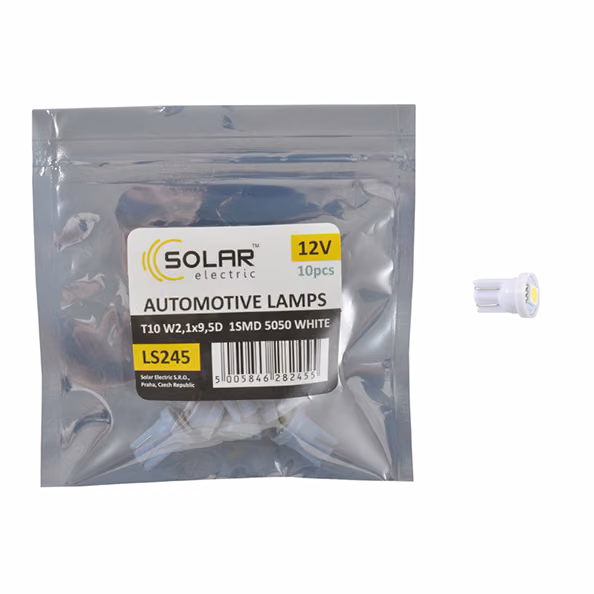 LED автолампа SOLAR 12V T10 W2.1x9.5d 1smd 5050 white 10шт LS245_P
