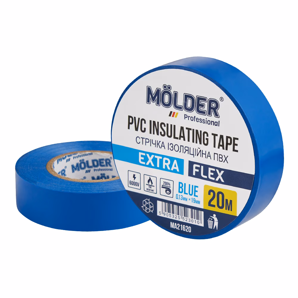 Стрічка ізоляційна ПВХ Molder 0,13x19мм 20м синя, професійна, вогнетривка MA21620 MA21620