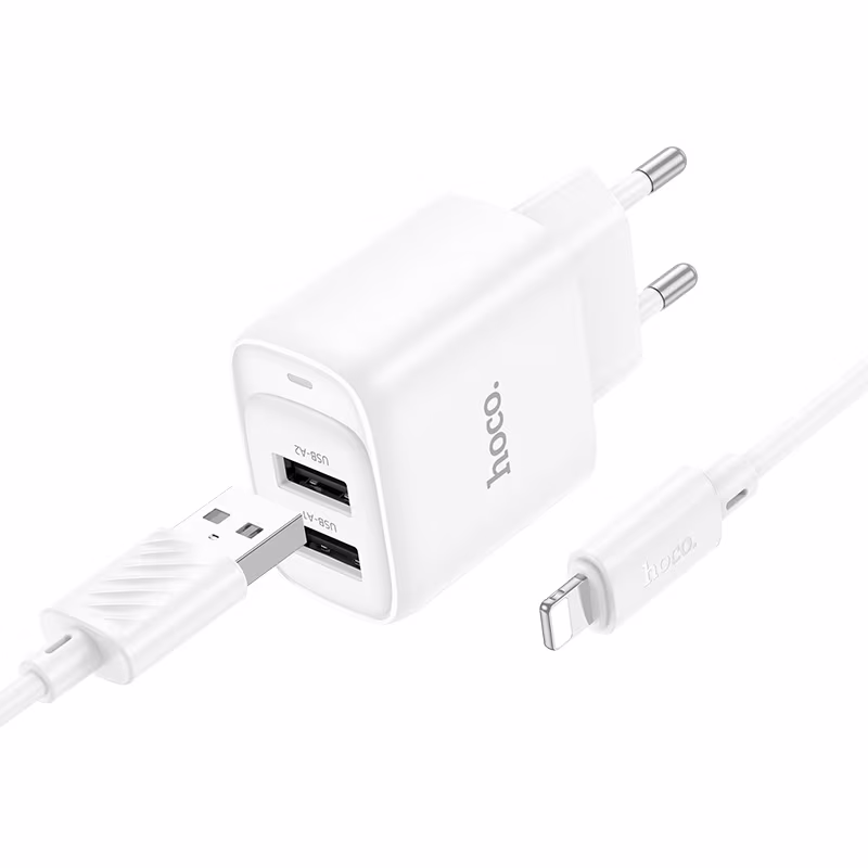 Мережевий зарядний пристрій Hoco C141A Smart dual-port charger set (iP),(EU) white HC-C141A-UL-White