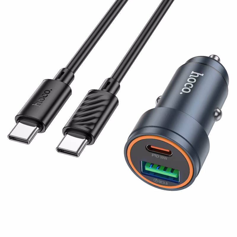 Автомобільний зарядний пристрій Hoco Z57A Glorious PD30W+QC3.0 car charger set (C to C) сірий метал